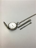 Lot 498 - A SILVER POCKET WATCH WITH CHAIN AND THREE PROPELLING PENCILS
