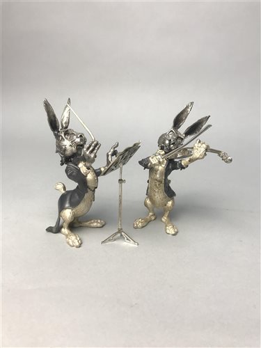 Lot 506 - TWO SILVERED PEWTER RABBIT ORCHESTRA MEMBERS BY J.M. CALERO