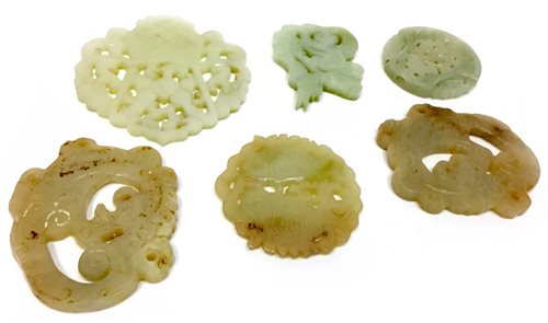 Lot 1042 - PAIR OF 20TH CENTURY CHINESE JADE AMULETS AND FOUR OTHERS