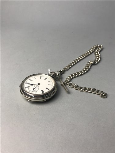 Lot 38 - A SILVER POCKET WATCH, ALBERT CHAIN AND T-BAR