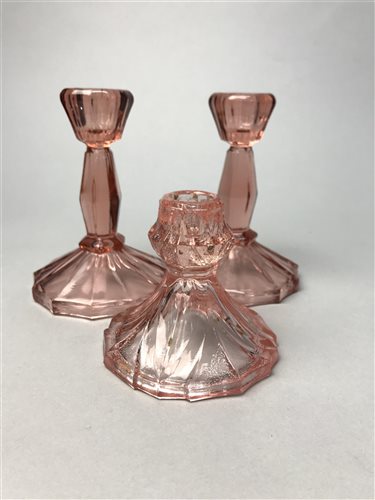 Lot 90 - AN ART DECO TINTED GLASS DRESSING TABLE SET AND GLASS PAPERWEIGHTS