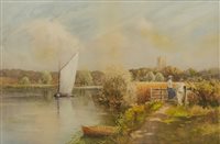 Lot 533 - A PAIR OF TRANQUIL SCENES BY A RIVER, A PAIR OF WATERCOLOURS BY LOUIS BURLEIGH BRUHL