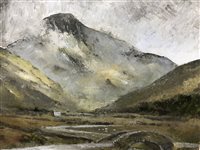 Lot 102 - AN OIL PAINTING OF A MOUNTAIN SCENE