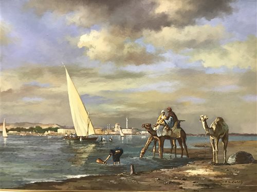 Lot 155 - AN OIL PAINTING OF CAMELS AT THE NILE
