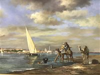 Lot 155 - AN OIL PAINTING OF CAMELS AT THE NILE