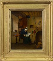 Lot 617 - AN ORIGINAL OIL ON PANEL DEPICTING AN ELDERY LADY READING A BOOK