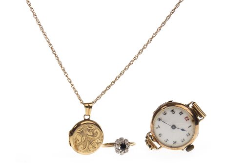 Lot 84 - A GOLD WRIST WATCH ALONG WITH GEM SET CLUSTER RING AND GOLD LOCKET