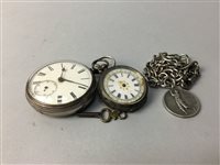 Lot 218 - A LOT OF TWO SILVER POCKET WATCHES AND A SILVER CHAIN