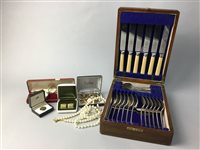 Lot 252 - AN OAK CASED CANTEEN OF CUTLERY ALONG WITH COINS, CUFFLINKS AND A COMPASS