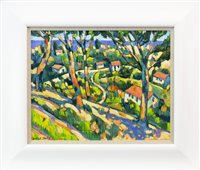 Lot 57 - LANDSCAPE WITH TREES AND RED ROOFED COTTAGES, AN OIL ON CANVAS BY TERENCE CLARKE