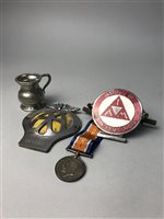Lot 344 - A LOT OF COINS, CAR BADGES, FOUR MINIATURE TANKARDS AND A WAR MEDAL
