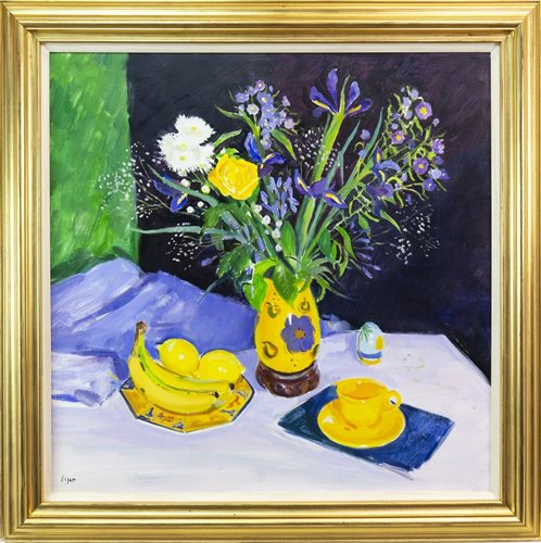 Lot 6 - STILL LIFE AND YELLOW CUP, AN OIL ON CANVAS BY NORMAN EDGAR