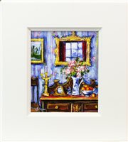 Lot 647 - GRAND INTERIOR WITH CHINESE JUG, AN OIL ON BOARD BY MARY GALLAGHER