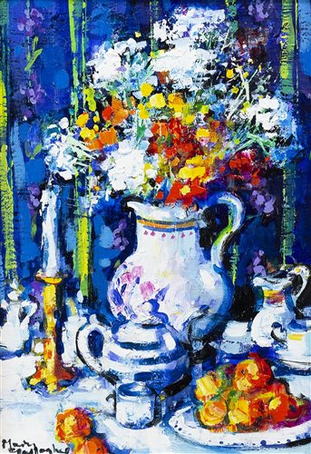 Lot 63 - STILL LIFE, AN OIL ON BOARD BY MARY GALLAGHER