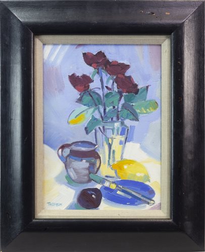 Lot 72 - STILL LIFE, AN OIL ON CANVAS BY MARION THOMSON