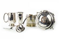 Lot 806 - AN EDWARDIAN SILVER TRINKET BOX, TWO SILVER CUPS, A SILVER SOLIFLEUR VASE AND TWO SILVER TABLESPOONS