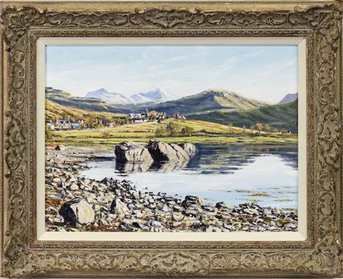 Lot 615 - THE COULIN FOREST FROM THE HEAD OF LOCH TORRIDON, AN OIL BY PETER MACKENNA