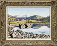 Lot 615 - THE COULIN FOREST FROM THE HEAD OF LOCH TORRIDON, AN OIL BY PETER MACKENNA