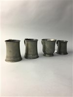 Lot 35 - A LOT OF PEWTER MUGS WITH SLIDING RULE AND GAUGE