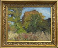 Lot 485 - TREES AT KINROSS, AN OIL ON BOARD BY MARGARET MORRIS