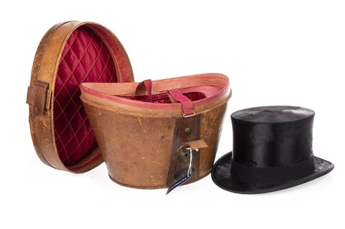 Lot 921 - A BLACK SILK TOP HAT IN LEATHER CASE