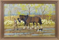 Lot 462 - TWO CLYDESTALES AND A BORDER COLLIE, A WATERCOLOUR AND GOUACHE BY RALSTON GUDGEON