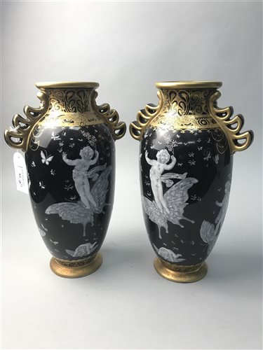 Lot 84 - A PAIR OF BLACK AND GILT VASES AND TWO DISHES