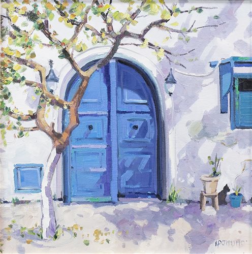 Lot 88 - THE BLUE DOOR, AN OIL ON CANVAS BY LIN PATTULLO