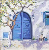 Lot 88 - THE BLUE DOOR, AN OIL ON CANVAS BY LIN PATTULLO