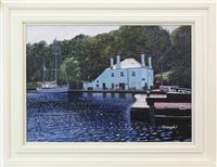 Lot 121 - CALM MOMENT, CRINAN, AN OIL ON BOARD BY FRANK COLCLOUGH
