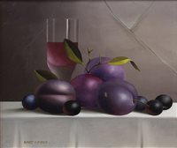 Lot 28 - STILL LIFE WITH PLUMS, GRAPES AND WINE, AN OIL ON CANVAS BY MIKE WOODS