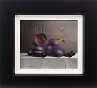 Lot 28 - STILL LIFE WITH PLUMS, GRAPES AND WINE, AN OIL ON CANVAS BY MIKE WOODS