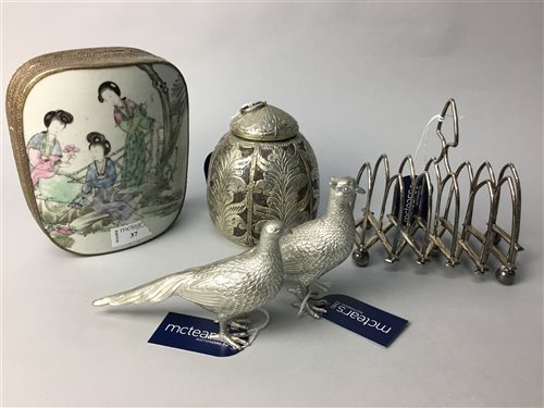 Lot 37 - A CHINESE TRINKET BOX WITH METAL TEA CADDY, TOAST RACK AND PAIR OF PHEASANTS