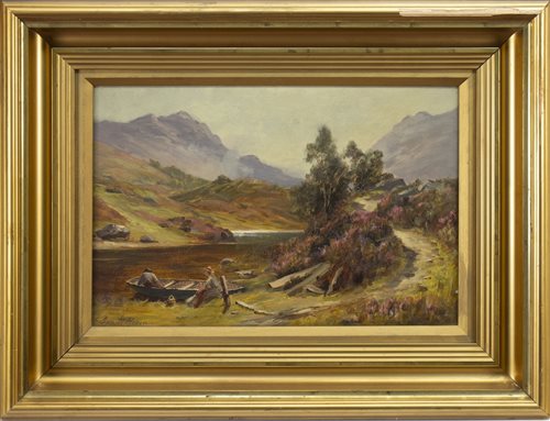 Lot 497 - LOCH SCENE WITH FIGURES, AN OIL BY JAMES HERON
