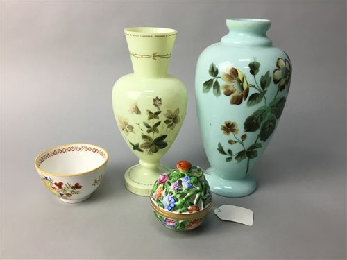 Lot 73 - A LOT OF TWO MILK GLASS VASES, A COFFEE CAN AND A POT POURRI BOWL