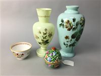 Lot 73 - A LOT OF TWO MILK GLASS VASES, A COFFEE CAN AND A POT POURRI BOWL