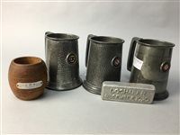 Lot 75 - SHIPPING INTEREST - THREE PEWTER TANKARDS, A PAPERWEIGHT AND A BARREL
