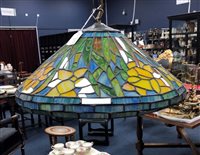 Lot 77 - A TIFFANY INSPIRED LEADED GLASS CEILING LIGHT