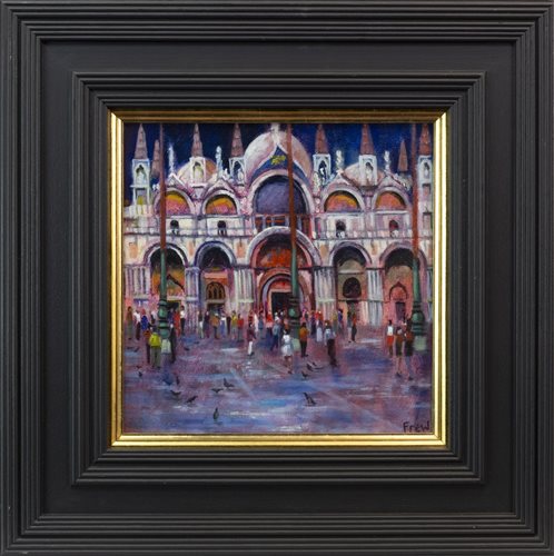 Lot 112 - PIGEONS IN VENICE, AN OIL ON CANVAS BY DOREEN E DAVIS