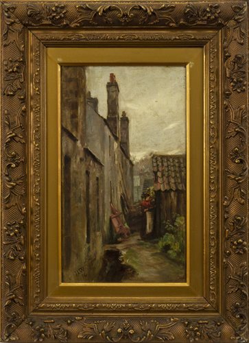 Lot 475 - OLD HOUSES AT METHILL, AN OIL ON CANVAS BY SIR JAMES LAWTON WINGATE