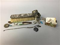 Lot 21 - A SILVER MOUNTED BRUSH, JEWELLERY AND NAPKIN RINGS