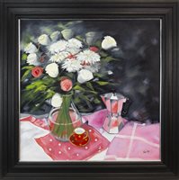 Lot 194 - THE BIRTHDAY FLOWERS, AN OIL ON CANVAS BY ROWENA LAING