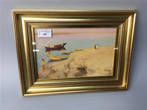 Lot 180 - BY THE SHORE, AN OIL ON BOARD