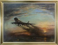 Lot 207 - JUMBO JET TAKING FLIGHT FROM KENNEDY AIRPORT AT SUNSET, AN OIL ON CANVAS BY ERNEST BURNETT HOOD