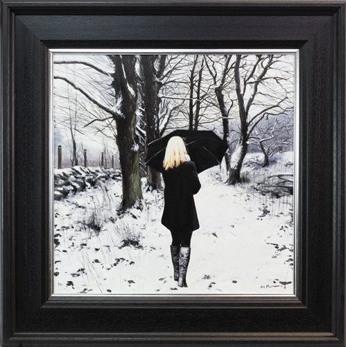 Lot 646 - BLACK COAT IN WINTER, AN OIL ON CANVAS BY GERARD BURNS