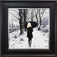 Lot 646 - BLACK COAT IN WINTER, AN OIL ON CANVAS BY GERARD BURNS