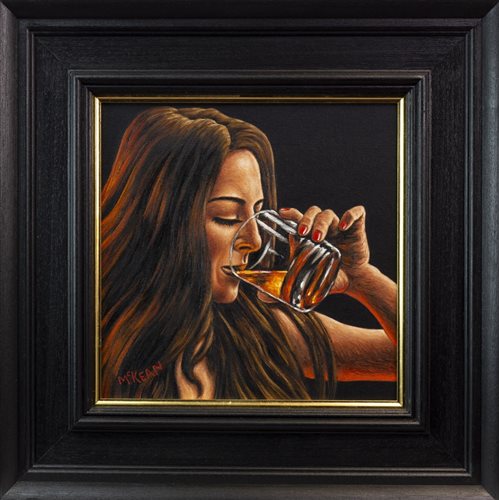 Lot 51 - THE GIRL WHO LOVED WHISKY, AN OIL ON CANVAS BY GRAHAM MCKEAN
