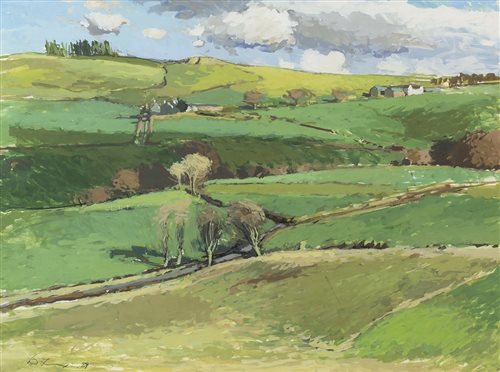 Lot 214 - LOOKING TOWARDS UNDERLAW AND BROOMHILL, AN OIL ON BOARD BY DOUGLAS LENNOX