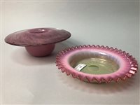 Lot 102 - A VASART POSY HOLDER AND A VICTORIAN VASELINE GLASS DISH
