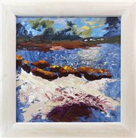Lot 664 - THE MORAR COLLECTION, CARAVANS AT ARISAIG, AN ACRYLIC BY JEAN BELL